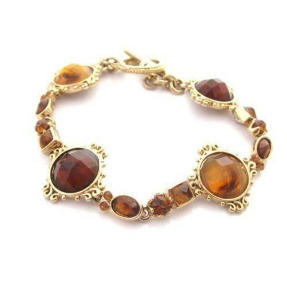 Topaz Rhinestones Gold‎ Plated Filigree Detailing Chain Linked Bracelet